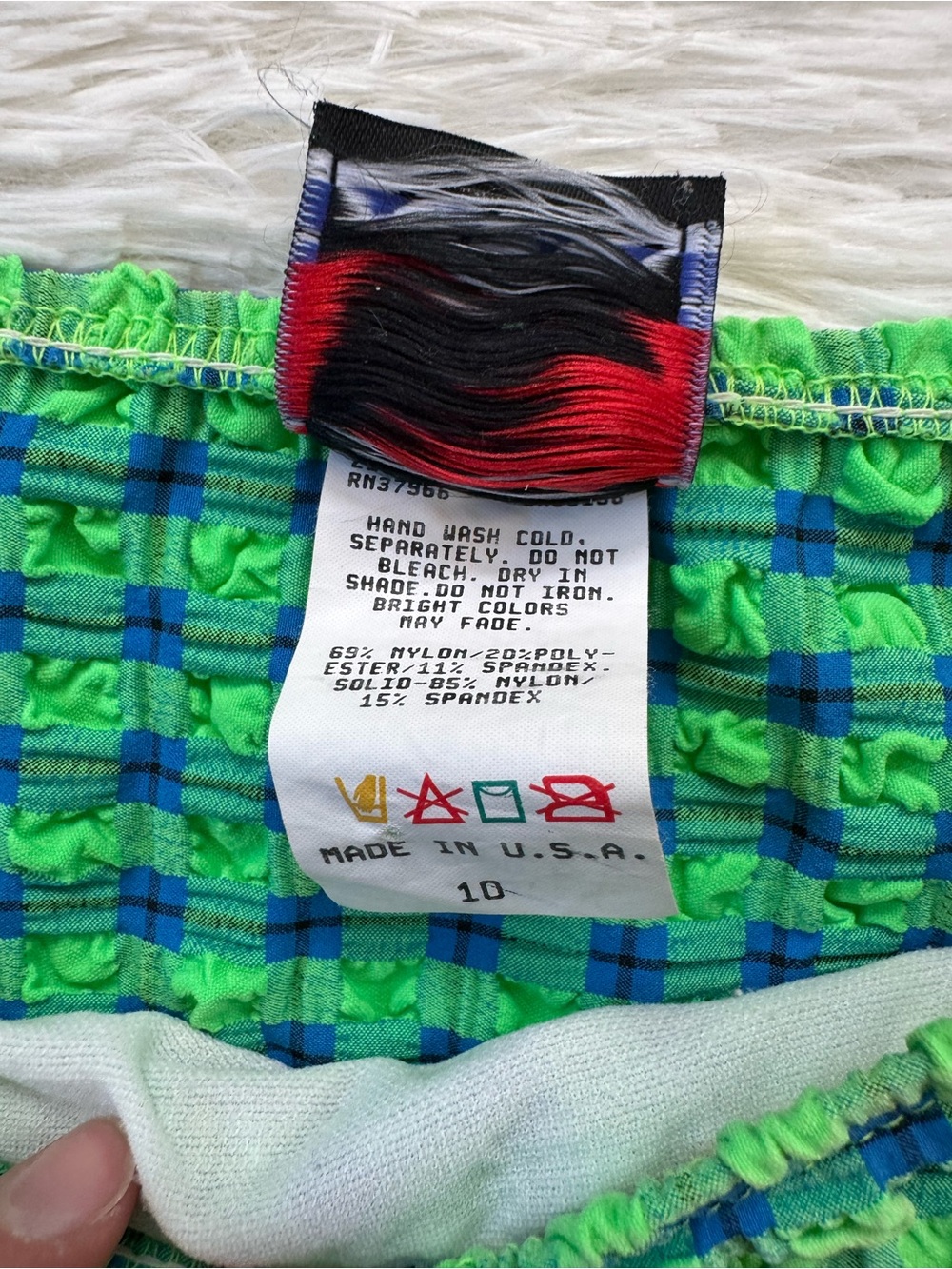 Vintage 90s Jantzen green blue gingham crinkle high cut bikini set medium - Picture 5 of 12